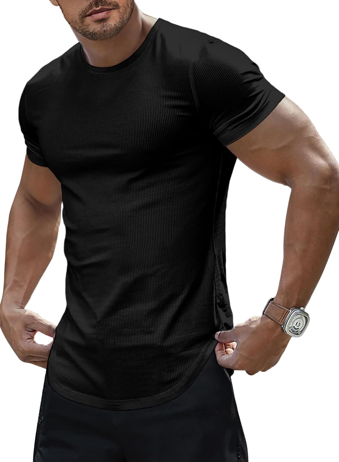 Mens Short Sleeve T Shirt Muscle Slim Fitted Crewneck Longline Tees Shirts for Gym Workout