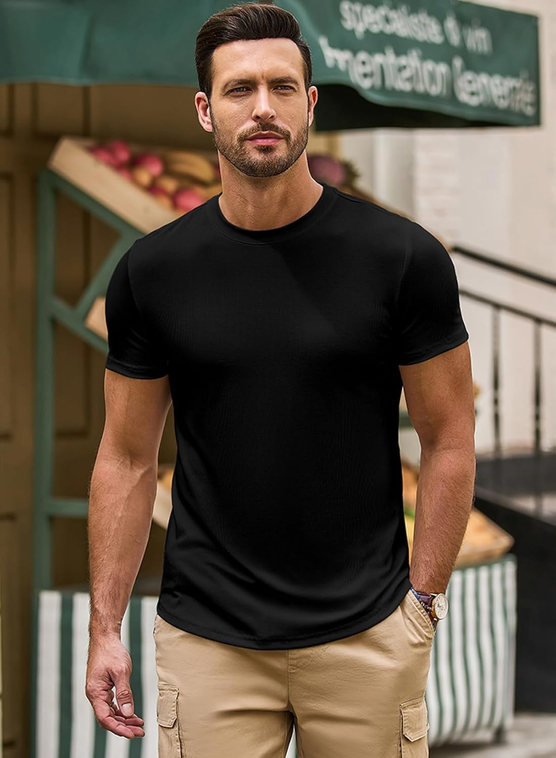 Mens Short Sleeve T Shirt Muscle Slim Fitted Crewneck Longline Tees Shirts for Gym Workout