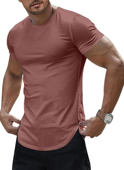 Mens Short Sleeve T Shirt Muscle Slim Fitted Crewneck Longline Tees Shirts for Gym Workout