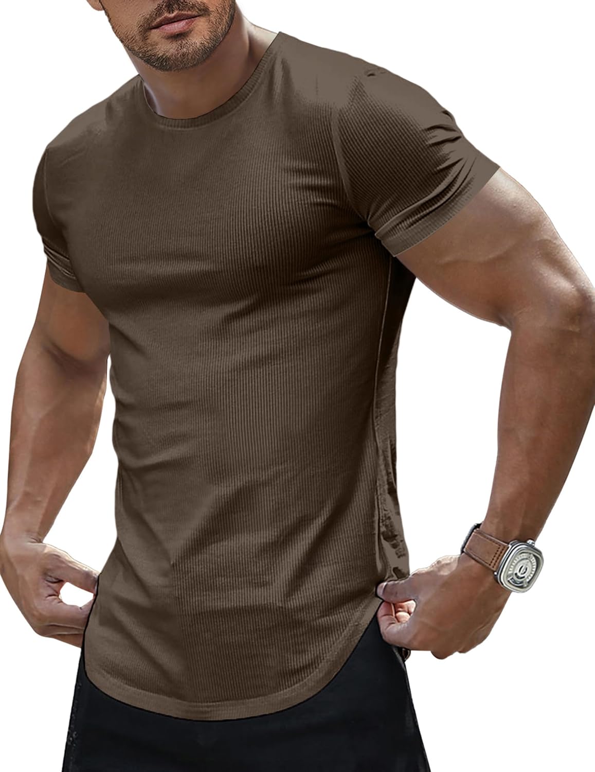 Mens Short Sleeve T Shirt Muscle Slim Fitted Crewneck Longline Tees Shirts for Gym Workout