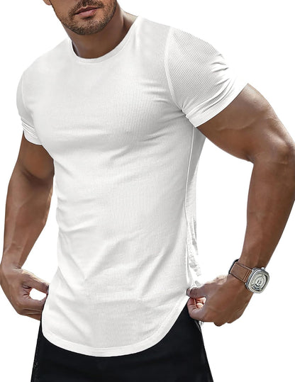 Mens Short Sleeve T Shirt Muscle Slim Fitted Crewneck Longline Tees Shirts for Gym Workout