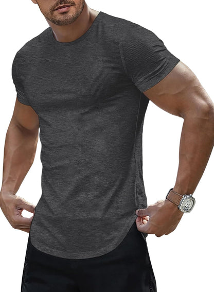 Mens Short Sleeve T Shirt Muscle Slim Fitted Crewneck Longline Tees Shirts for Gym Workout