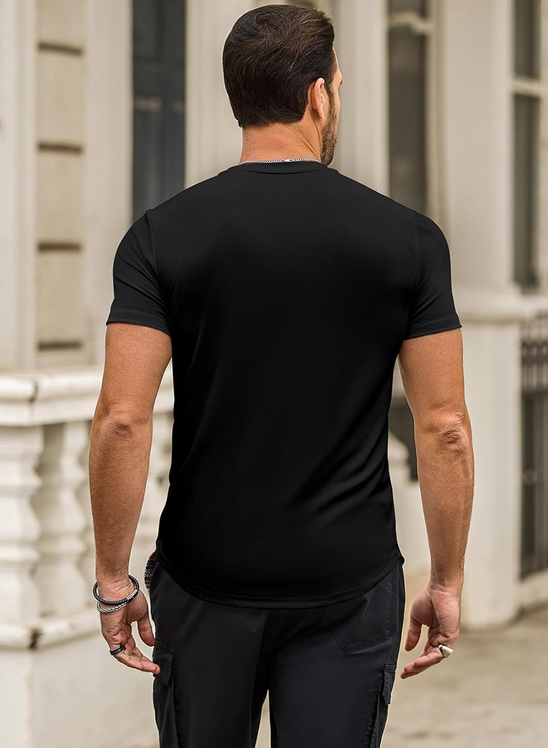 Mens Short Sleeve T Shirt Muscle Slim Fitted Crewneck Longline Tees Shirts for Gym Workout