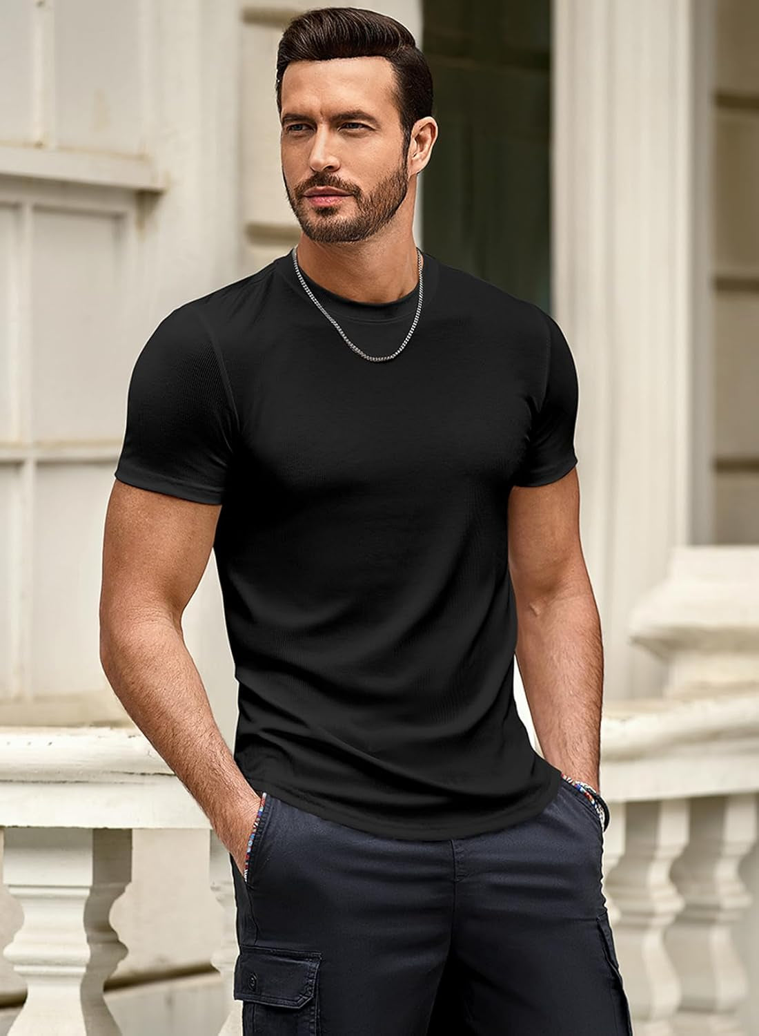 Mens Short Sleeve T Shirt Muscle Slim Fitted Crewneck Longline Tees Shirts for Gym Workout